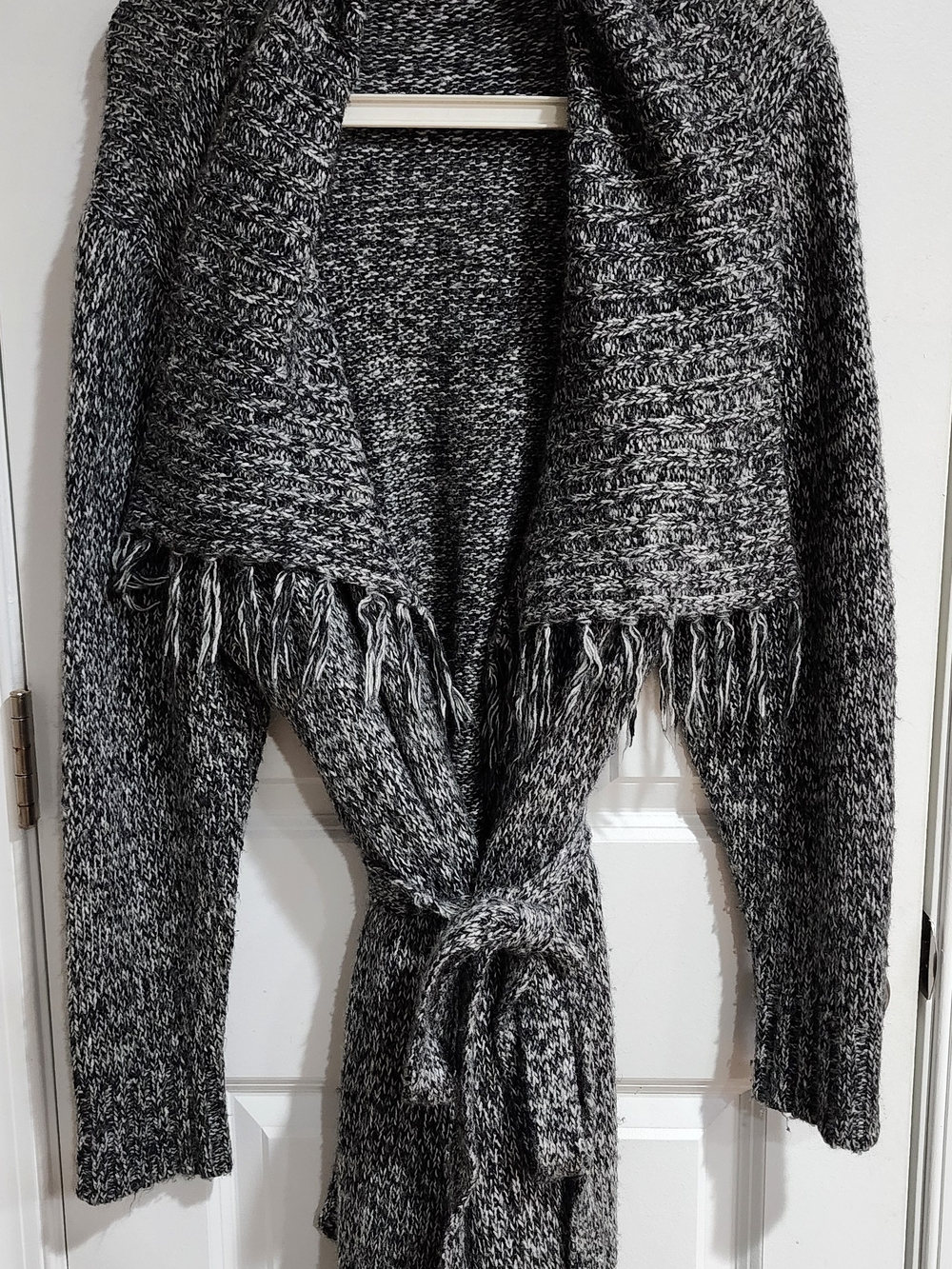Faded Glory Black & White Shawl-Collar Tie-Waist Fringe Cardigan
